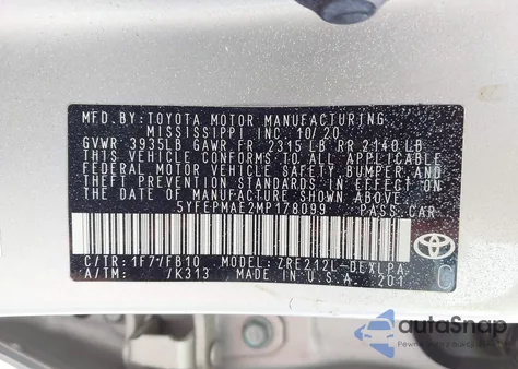 2021 Toyota Corolla Le z USA, uszkodzony, nr VIN 5YFEPMAE2MP178099